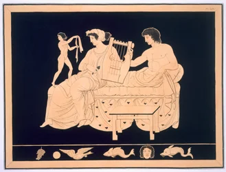 Casal relaxante com uma lira, publicada 1808-10 88: ilustração de uma ligação de peintures de vasos antiguidades Vulgairement Appeles Etrusques por Aubian Louis Millin de Grandmaison, com eu